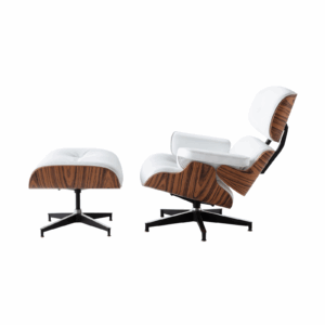 Eames Lounge + Ottoman en cuero italiano blanco y madera